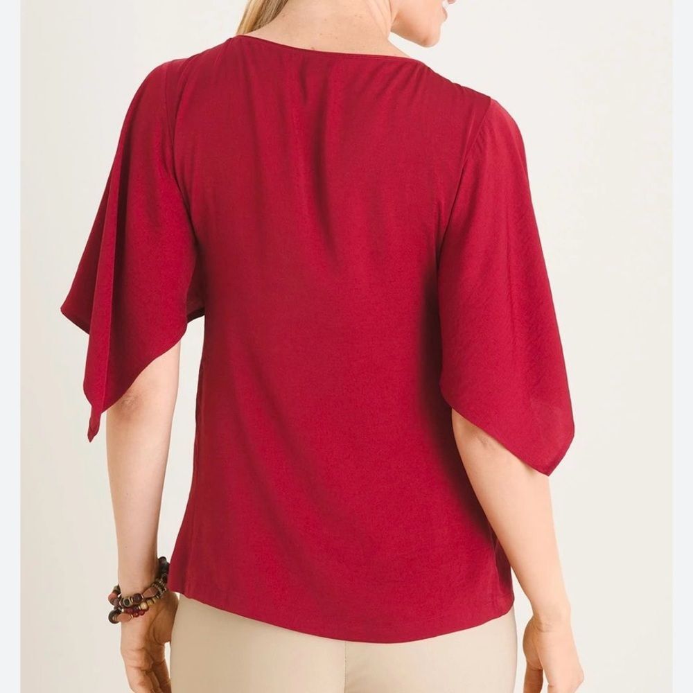 Chico's 2 Red Silky Blouse Split Sleeve Lightweight Relaxed Fit Women L (12/14)